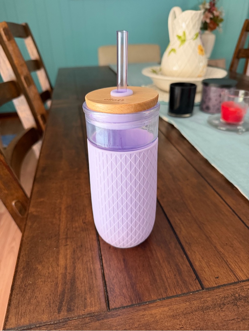 Ello Reusable Lavender Silicone Glass Tumbler with Bamboo Lid and Straw